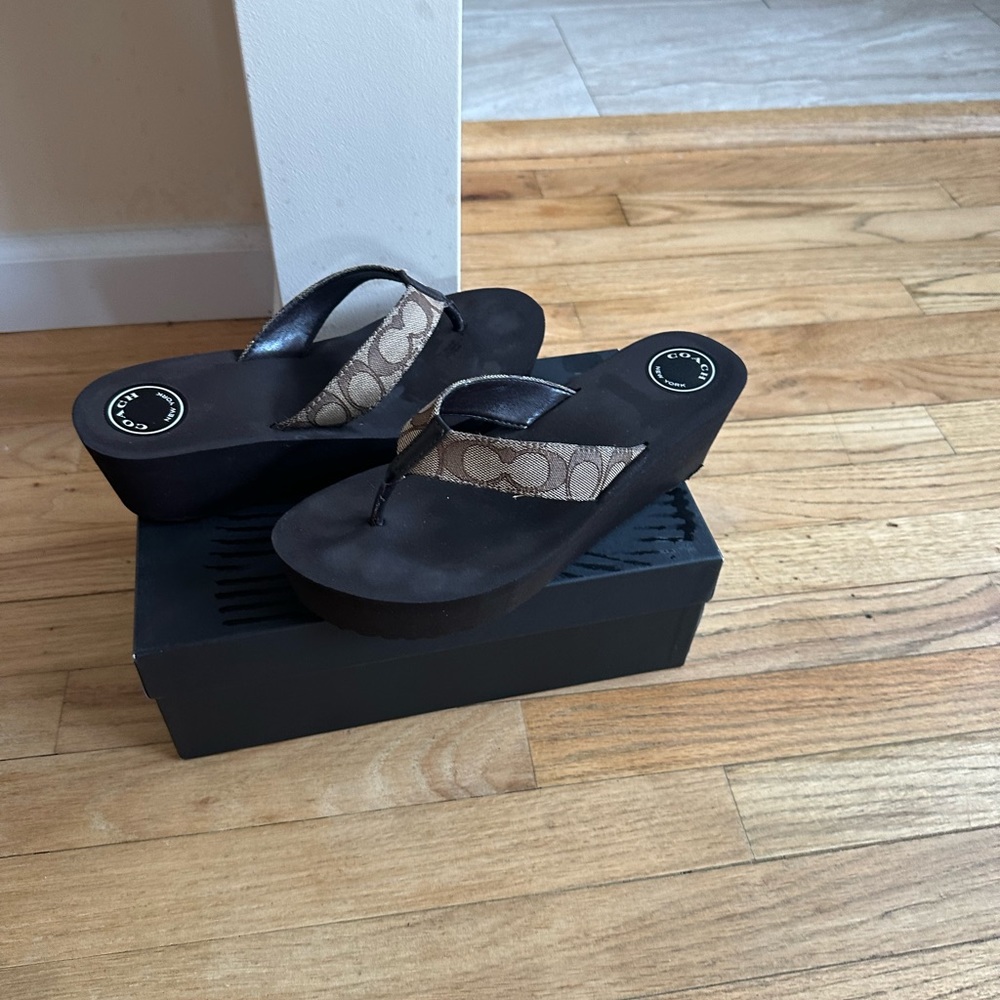 Brown and tan Coach flip flops worn one time size 10
